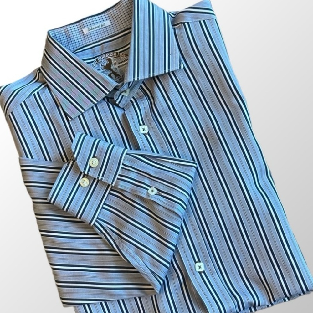 Bugatchi Shaped Fit Long Sleeve Navy/white/tan‎ Striped Button Down Shirt, Small